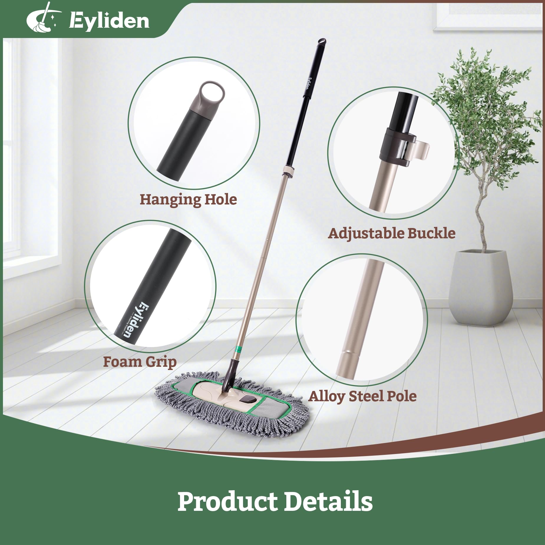 Eyliden Pro - Mopas antipolvo para limpieza de suelos, 3 almohadillas de microfibra lavables, reemplazo con un solo clic, mango telescópico, diseño profesional para suelos y pelo de mascotas (gris +
