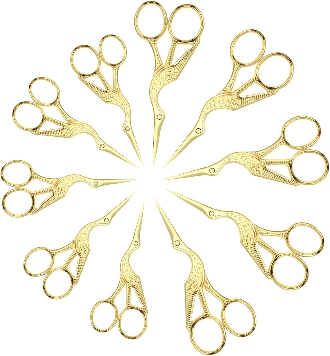 10 Pieces Small Gold Embroidery Scissors Bulk, 3.7" and 4.6" each of 5, Crane Sewing Scissors Vintage Sharp Detail Shears for Craft, Artwork, Needlework Yarn, Handicraft DIY Tool, Thread Snips