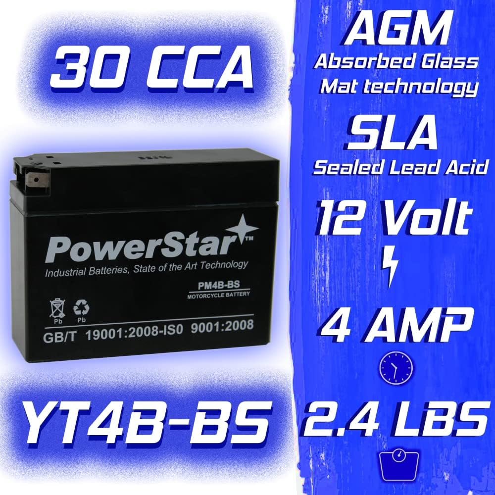PowerStar PM4B-BS High Performance - AGM/SLA YT4B BS Motorcycle Battery Replaces YT4B - BS UT4B-BS Yamaha YJ50R Vino TTR 50 90 Suzuki DR-Z70