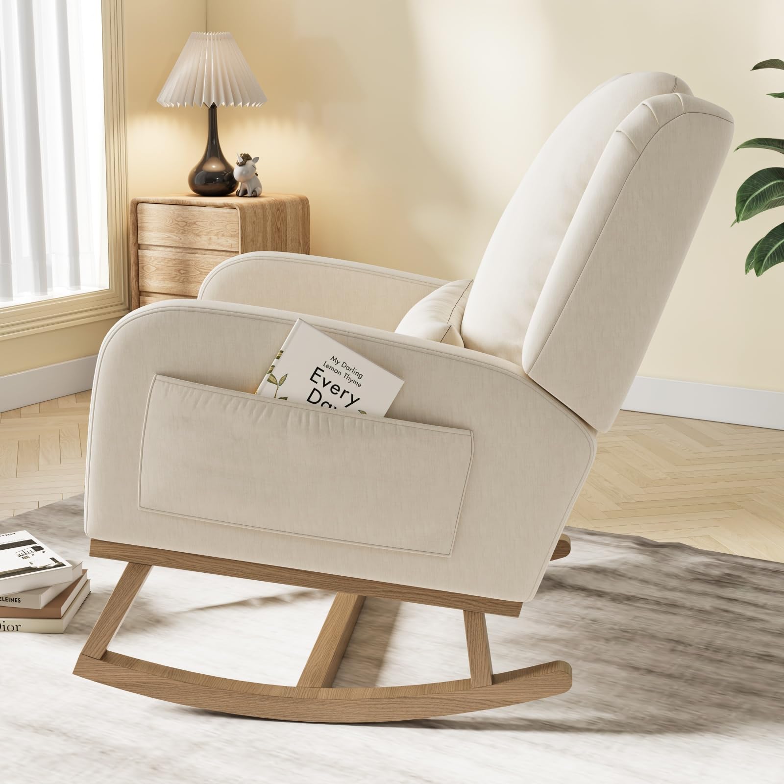 belupai Sedia a dondolo scandinava,sedia da allattamento con cuscino lombare,Poltrona a dondolo in lino,Poltrona a dondolo riposo con tasche laterali,struttura in legno massello,Beige,68x93x96cm