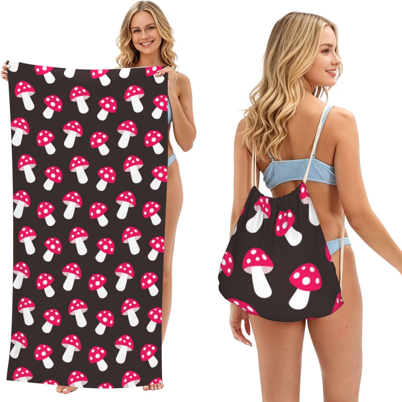 Poadnly As Picture Mushroom Fungus Pattern, 2 In 1 Packable Towel Bag, Beach Towels With Drawstring Backpack For Travel Holiday Camping