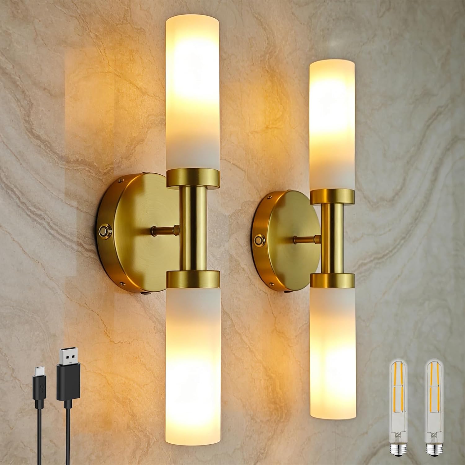 Dimmable Gold Battery Operated Wall Sconce, Rechargeable Bathroom Wall Lights Wireless Easy Install, Brass Moden Wall Lamp for Living Room Hallway Over Mirror Indoor