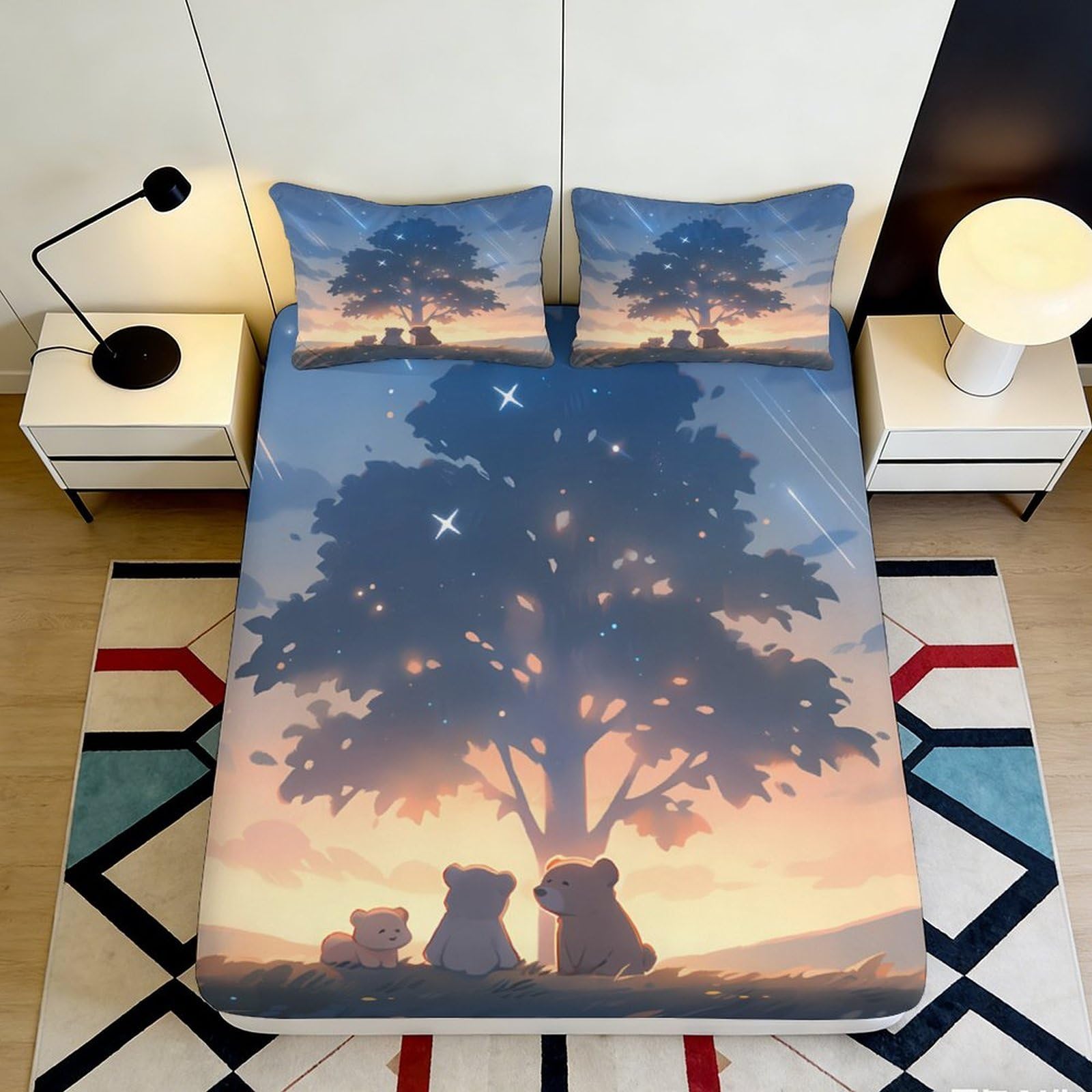 3D Printed Sunset Tree Fitted Sheet Microfiber Soft Bed Cover Forest Silhouette Mattress Cover for Bedroom Dorm Decor 90x200x25cm