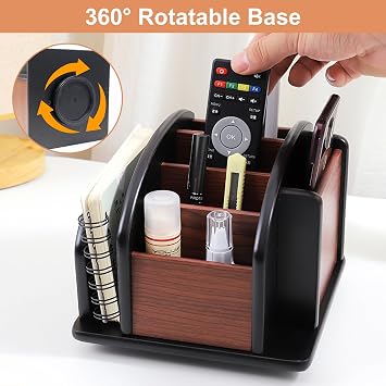Coideal Wooden Remote Control Holder Organiser for Table, Large Wood Desk Storage Caddy Rotating Pen Pencil Holder for Office Supplies (6 Compartments, Brown & Black)