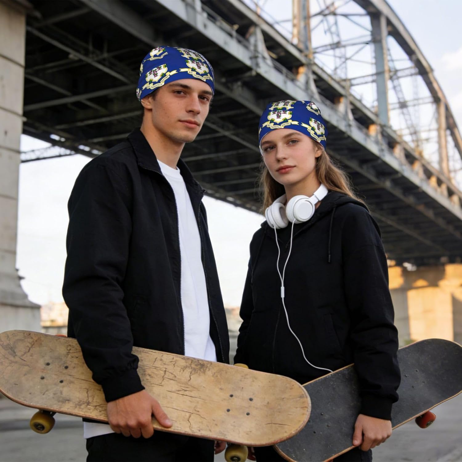 Connecticut State Flag Print Headband for Men and Women Slight Elastic Sweatband Head Bandana for Cycling Motorcycle Sports Black