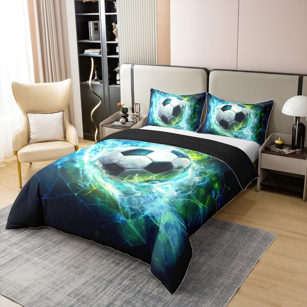 3D Football 100% Organic Cotton Duvet Cover Set,Blue and Green Lightning Comforter Cover Set for Kids Teens Adults Room,Watercolor Ball Sport Gaming Bedding Set Queen Size 3 Pcs(Not Comforter) image 3