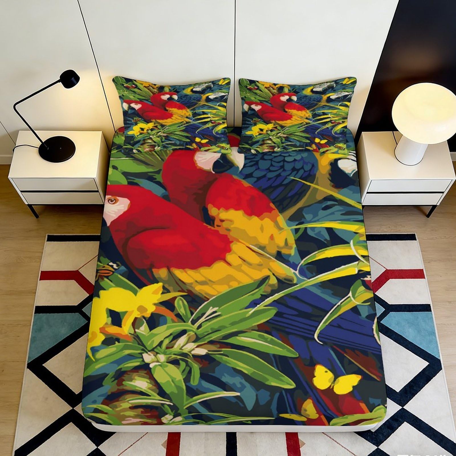 3D Printed Tropical Parrot Fitted Sheet Microfiber Soft Vibrant Jungle Mattress Cover for Bedroom Guest Room Decor 90x200x25cm