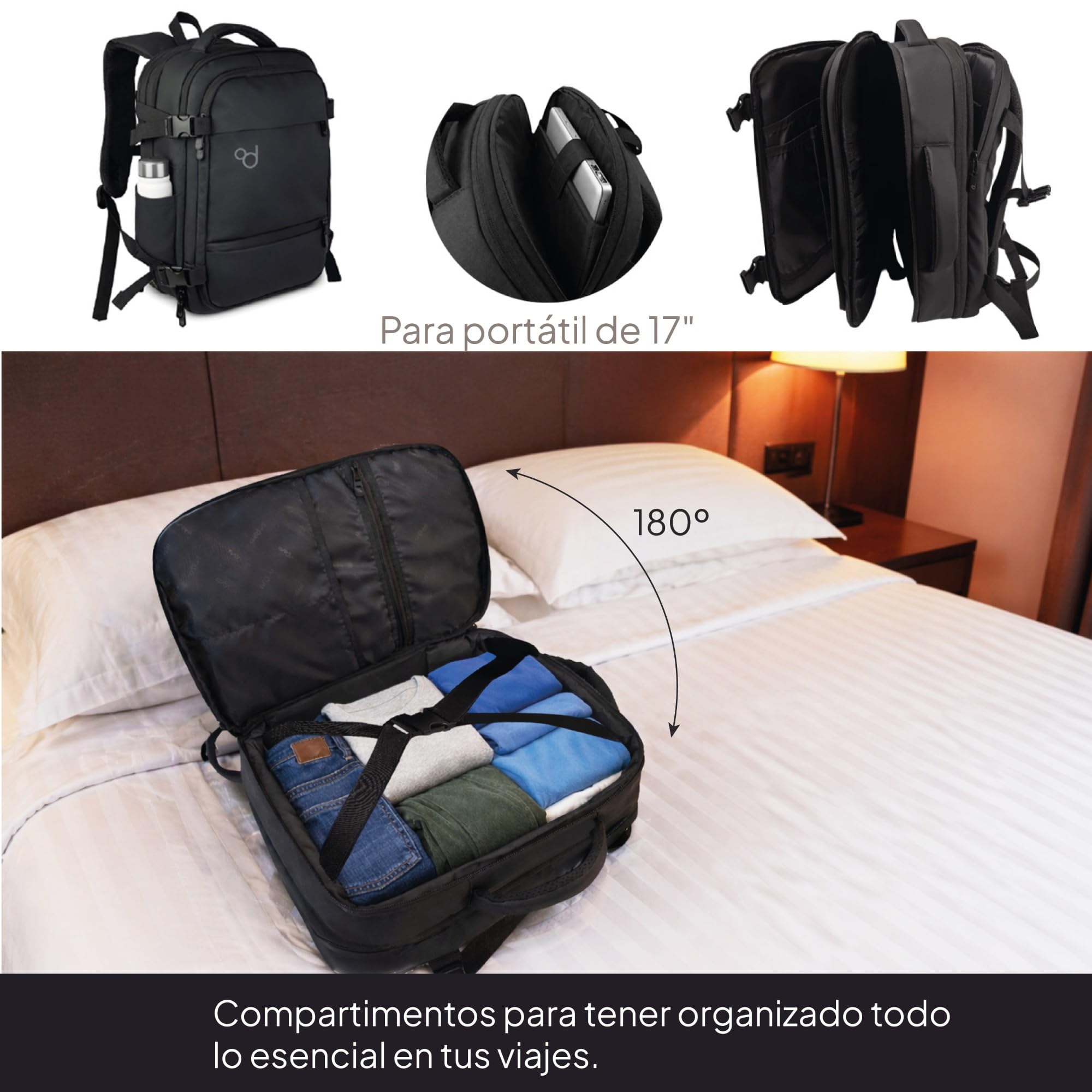 OcioDual Mochila Viaje Cabina 55x40x20 Expandible 40L, Equipaje de Mano Avión, Compartimento Portátil 17", Compatible Iberia Lufthansa British Airways