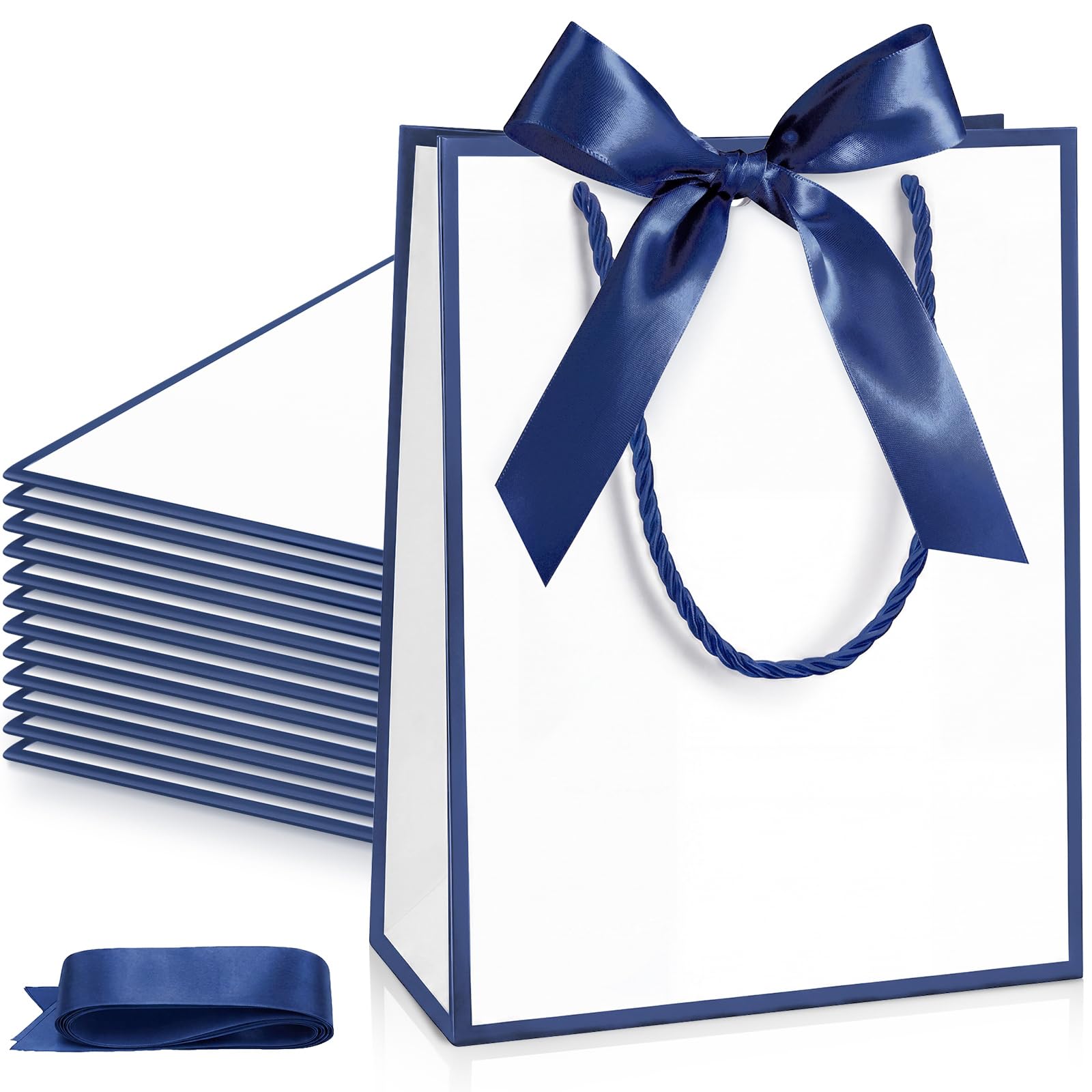 Silkfly 12 Pcs Wedding Paper Gift Bags with Handle 9x7x3.15'' Thank You Gifts Bags with Ribbon Bow Bridal Shower Gifts for Baby Shower Graduation Holiday Birthday Party Supplies (White,Navy Blue)
