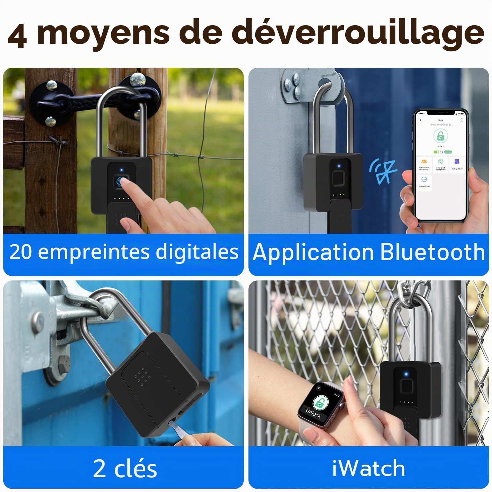 Cadenas Empreinte Digitale, Serrure de Poutre Longue Empreinte & Bluetooth, Serrure Empreinte Digitale avec clé Smart Touch Lock, étanche, Pour l'extérieur, Entrepôts