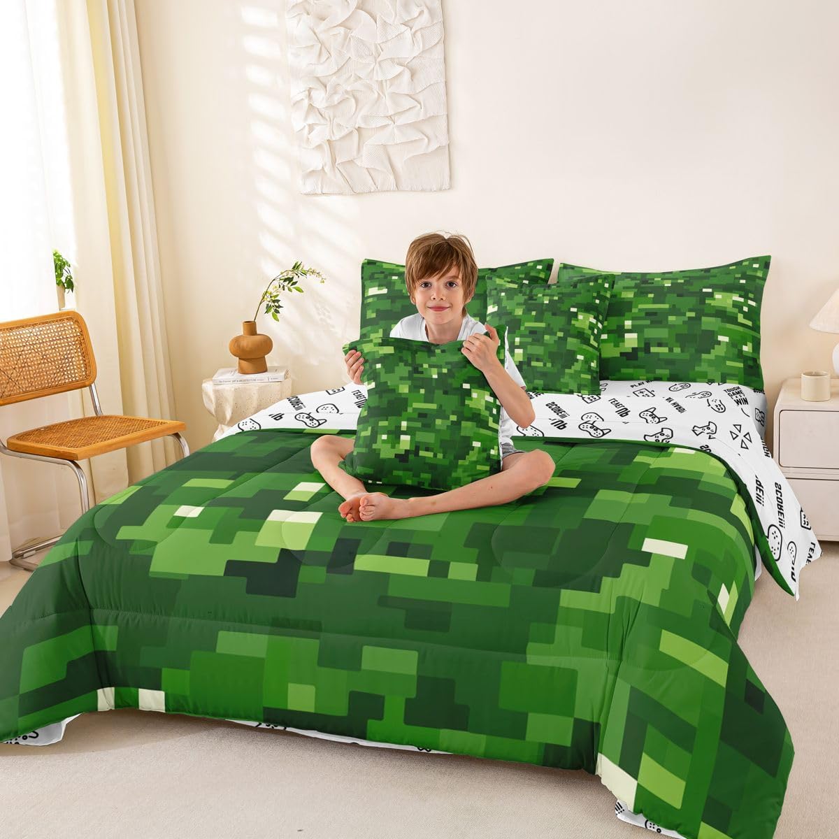 Pixel Grid Miners Full Size Comforter,Video Games Cartoon Gamepad Bedding Set 7 Piece,Geometric Modern Check Decor for Boys Girls,Dark Green(Fitted+Sheet+2 Pillowcases+2 Throw Pillow Covers)