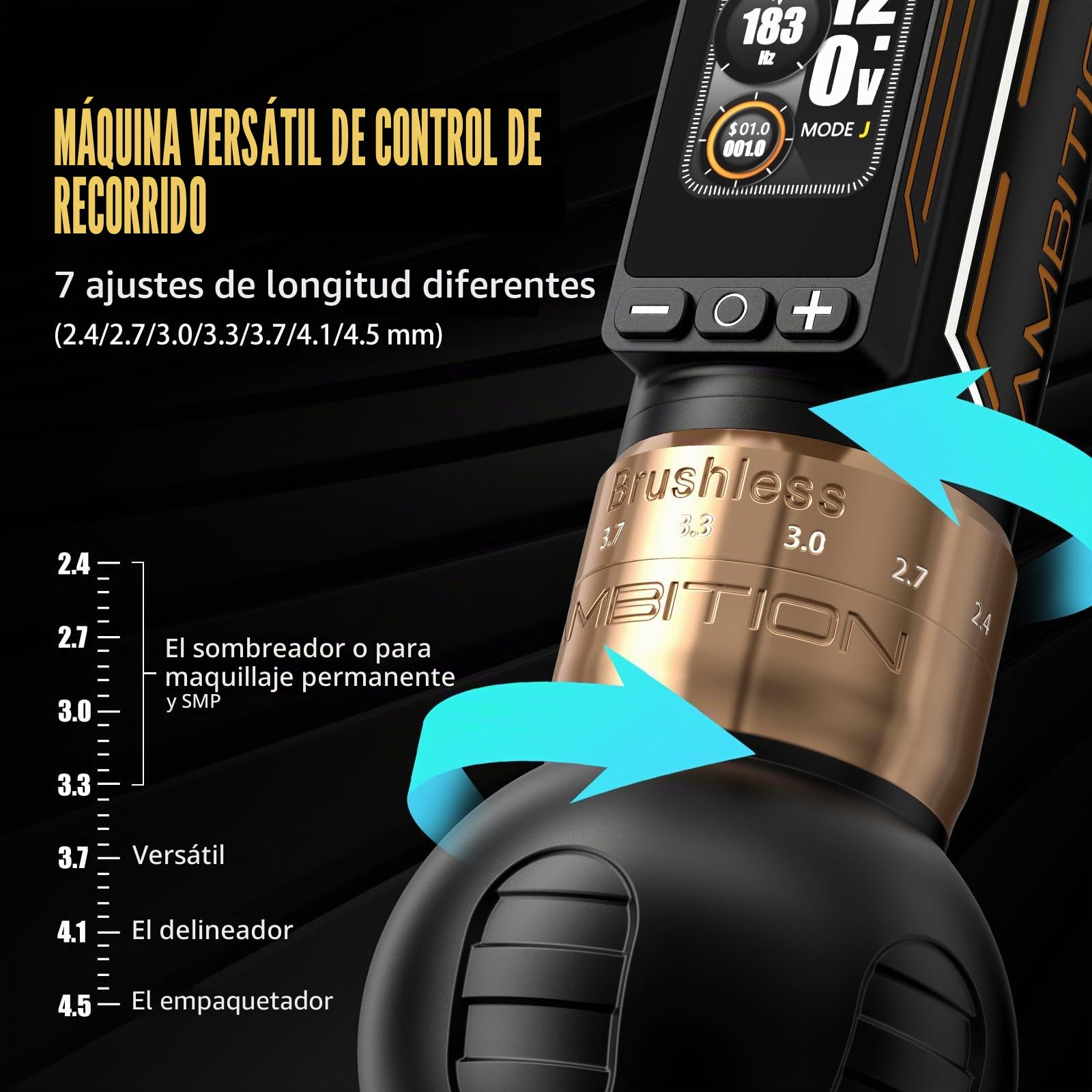 Ambition Maquina de Tatuarr Inalámbrica - Ninja Max 280 con Motor Brushless 280 g·cm, 7 Niveles de Carrera Ajustable (2.4-4.5mm), Dual Batería 2400mAh, Empuñaduras 54mm & 32mm para Profesionales