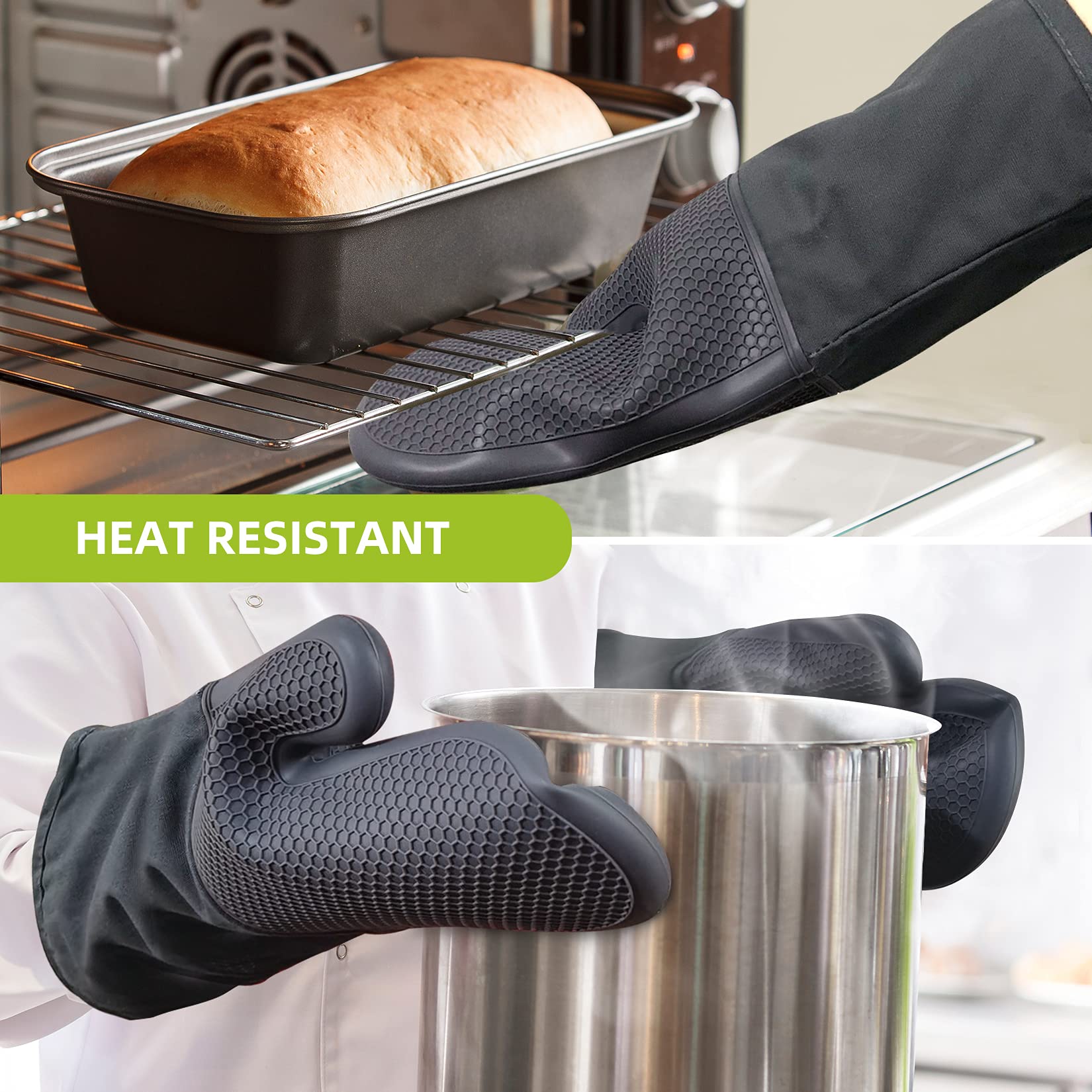 Phantasy Lot De 2 Gants Cuisine Silicone + Coton Résistants Chaleur – Antidérapants, Faciles à Nettoyer, Gris Clair, Four & BBQ