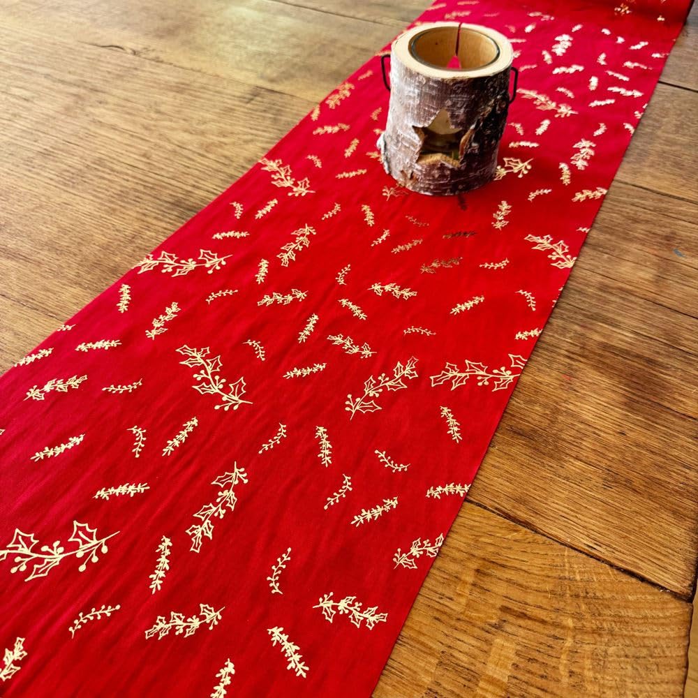 Luck And Luck Red And Gold Cotton Holly Leaves Table Runner, Christmas Table Runner, Festive Table Decoration, Christmas Table Decorations 3M