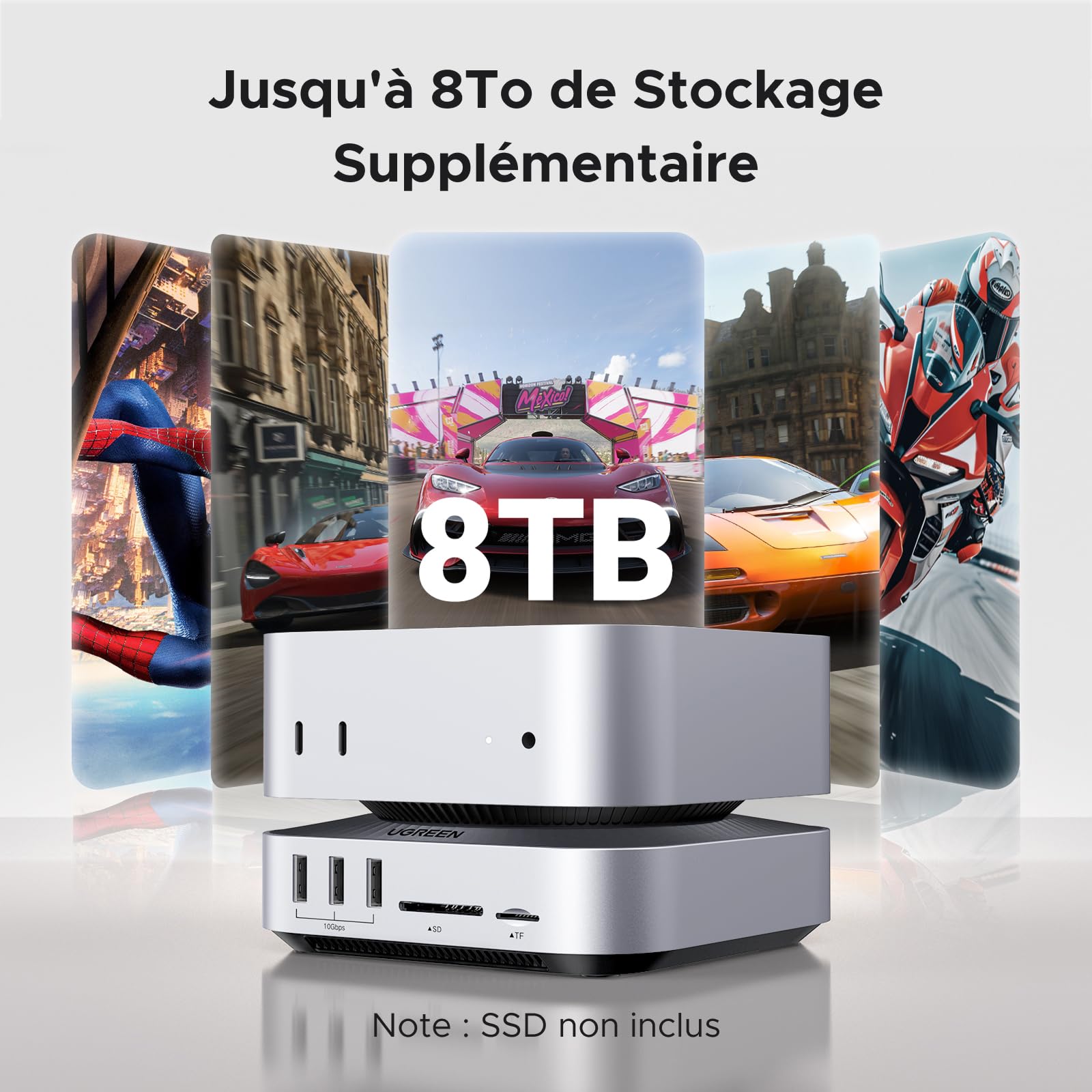 UGREEN USB4.0 40Gbps Docking Station et Support pour Mac Mini M4 et M4 Pro | 10 Ports, avec Boîtier M.2 NVME SSD, HDMI 8K 30Hz Max, 5 USB 3.2 4A1C 10Gbps, Lecteur de Carte SD TF 4.0, 3.5mm Audio