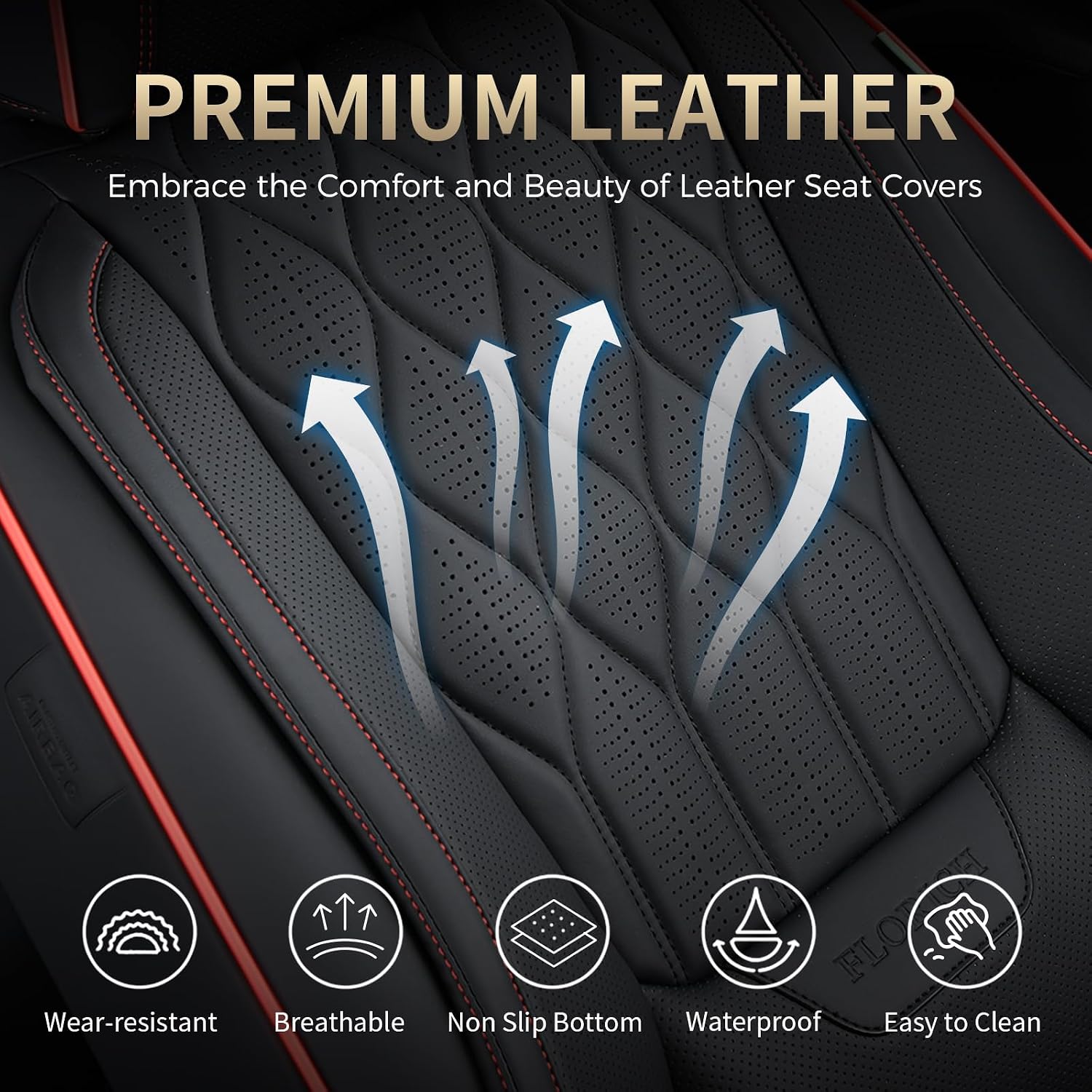 FLORICH Car Seat Covers Front Pair Luxury Faux Leather Car Seat Cover Automotive Seat Covers 2 Pack Waterproof Car Seat Cushion Protector Universal Fit for Most Cars Sedans Trucks SUV, Black&Red Line