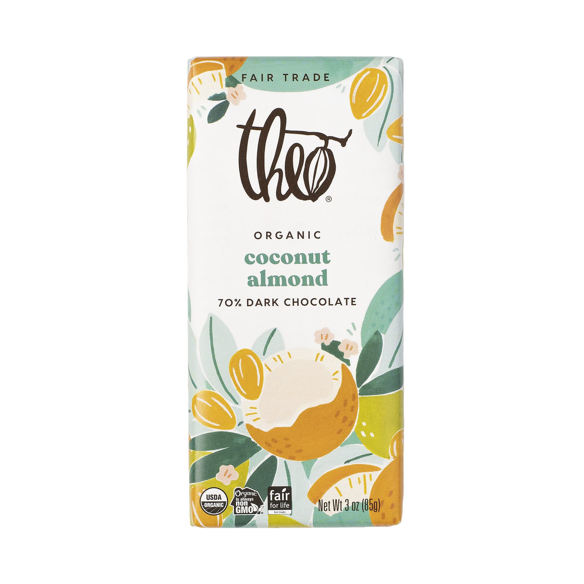 Theo Chocolate Limited Edition Spring Coconut Almond Organic Dark Chocolate Bar, 70% Cacao, 3oz, 12 Pack, Vegan, Fair Trade