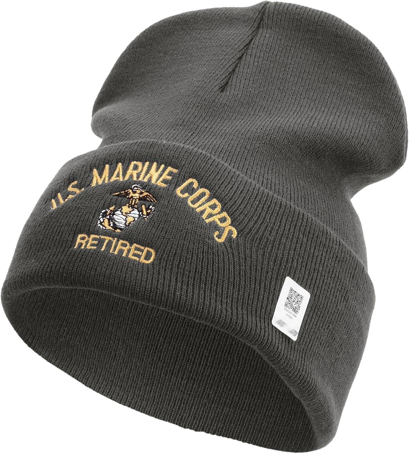 US Marine Corps Retired Logo Embroidered 12 Inch Solid Knit Cuff Long Beanie Made in USA