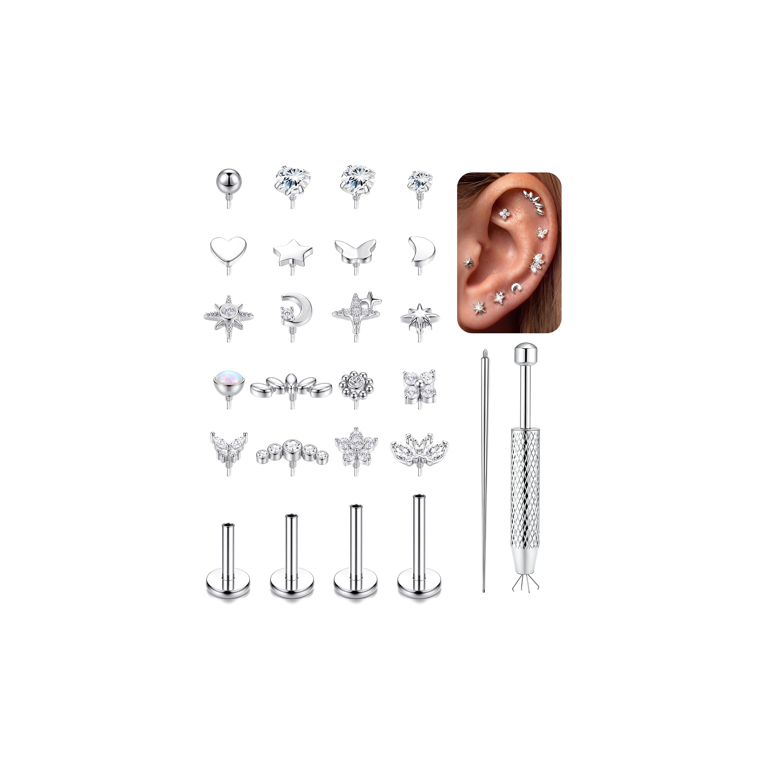 YADOCA 16G/18G tragus piercing biżuteria złoto srebro stal chirurgiczna wewnętrznie gwintowane płaskie kolczyki z tyłu cyrkonia warga bar kolczyk do nosa chrząstka labret muszla helix piercing