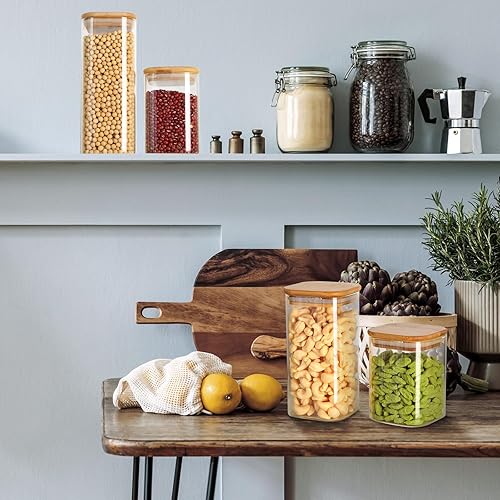 Miniatura 7 de 24 tarros cuadrados de vidrio con tapas de bambú, 4 tamaños, recipientes de almacenamiento de alimentos para despensa, recipientes transparentes
