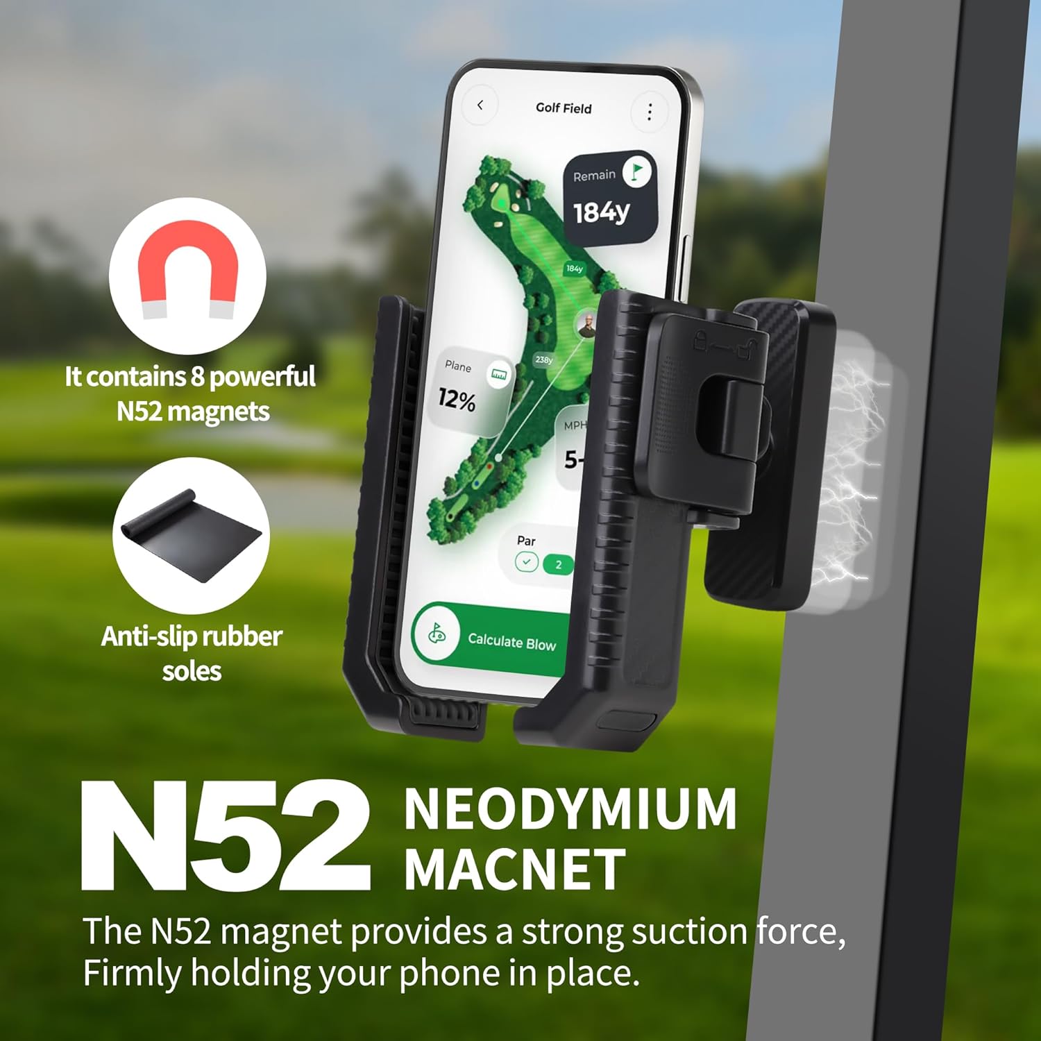 Phone Holder for Golf Cart - Magnetic Golf Cart Phone Holder with Ultra-Strong N52 Magnet & 360° Rotation, Universal Fit for Smartphones/Thick Cases - Secure Hands-Free Golf Accessories (Black) - Image 2