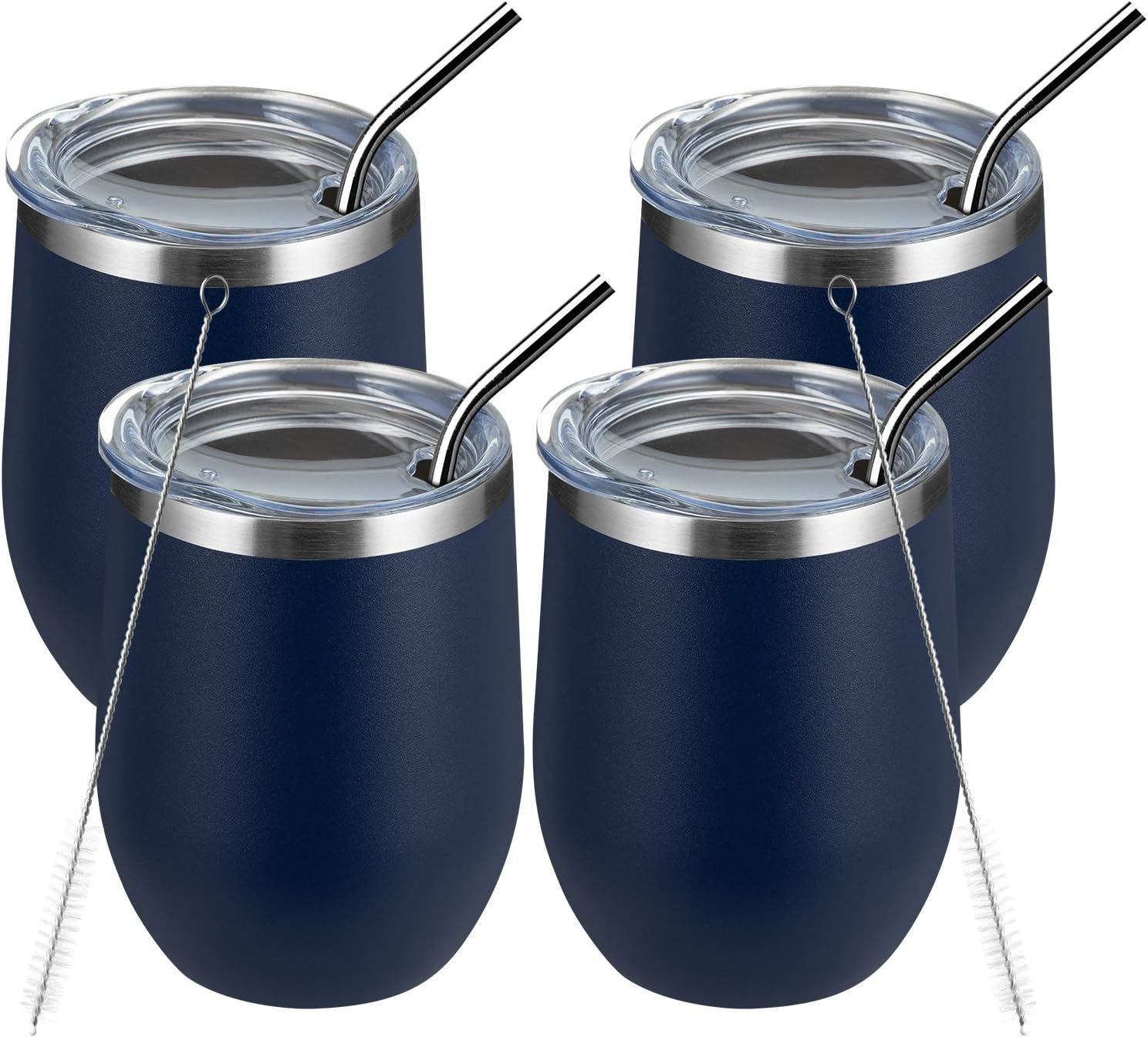 MEWAY 12oz/4 Pack Wine Tumbler Glasses with Lid - Stemless Double Wall Vacuum Stainless Steel Travel Tumbler - Keeping Cold & Hot for Wine,Coffee,Cocktails,Drinks-Family and Gifts (Navy,Set of 4)