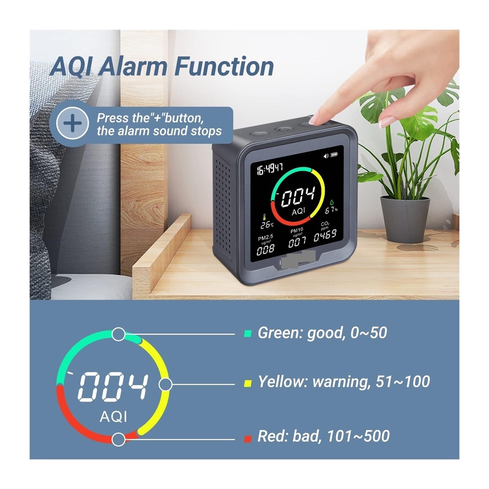 Detector de Gases, Monitor de Calidad del Aire Que detecta CO2, PM2.5, PM10, ICA, Temperatura y Humedad con Alarma for Habitaciones, sótanos oficinas