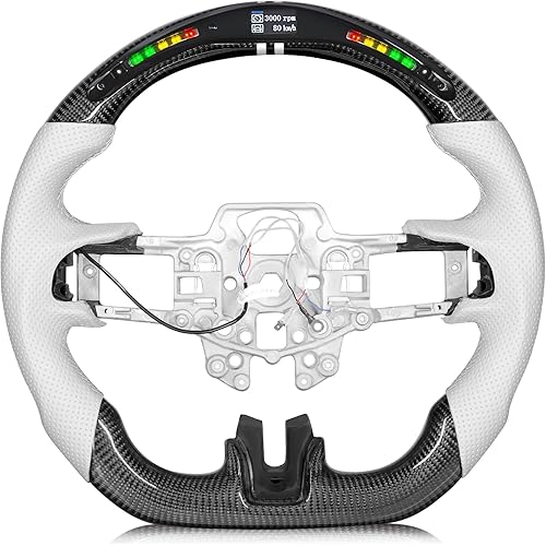 LED Steering Wheel for Mustang 2015–2017, Real Carbon Fiber, D-Shaped Flat-Bottom, Black Nappa Leather Grip with White Stripe & Hand-Stitching, Fits for EcoBoost/GT/V6/GT350/GT350R