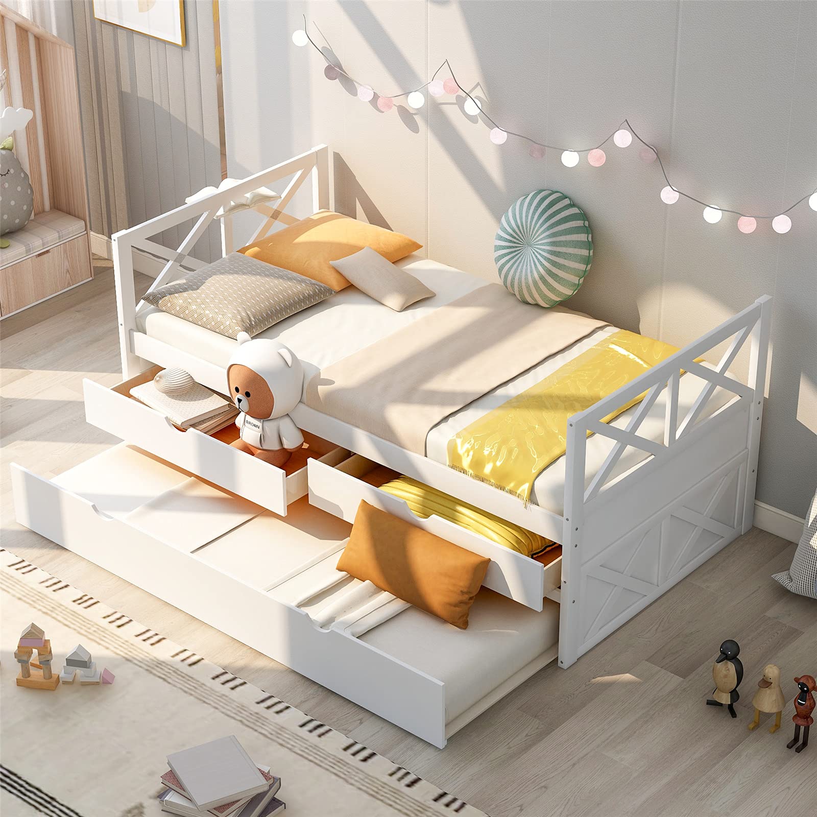 Twin Captain's Bed, Wood Storage Daybed with Trundle and Drawers, Wooden Platform Bed with Storage for Kids Teens and Adults, White (Box 2 of 2 Only)