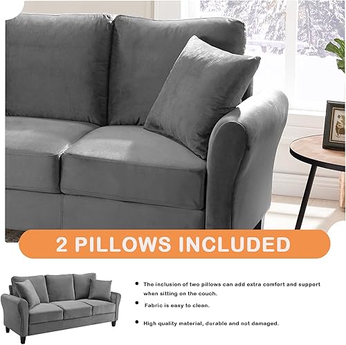 Miniatura 5 de Sofá tapizado de terciopelo de 3 plazas con 2 almohadas, sofá moderno de 78 pulgadas con patas de madera maciza para sala de estar, apartamento de