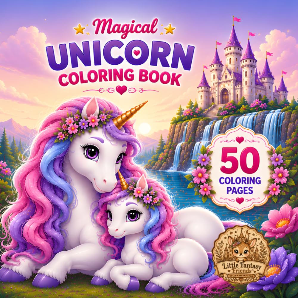 Magical Unicorn Coloring Book: Cute and Easy Coloring Pages for Kids | Adorable Unicorns, Rainbows, Stars and Magical Adventures, 50 Coloring Pages (Fantasy Friends)