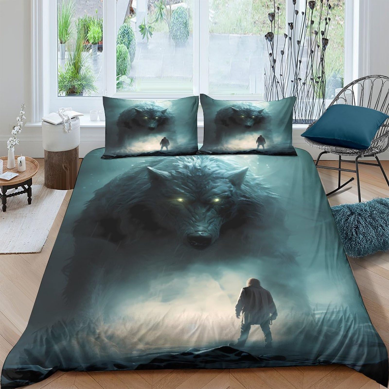 GPLZQXKJNH 3D Printed Wolf Forest Duvet Cover Microfiber Soft Breathable Misty Shadow Bedding Set with 2 Pillowcases for Bedroom Decor, Single（135x200cm）