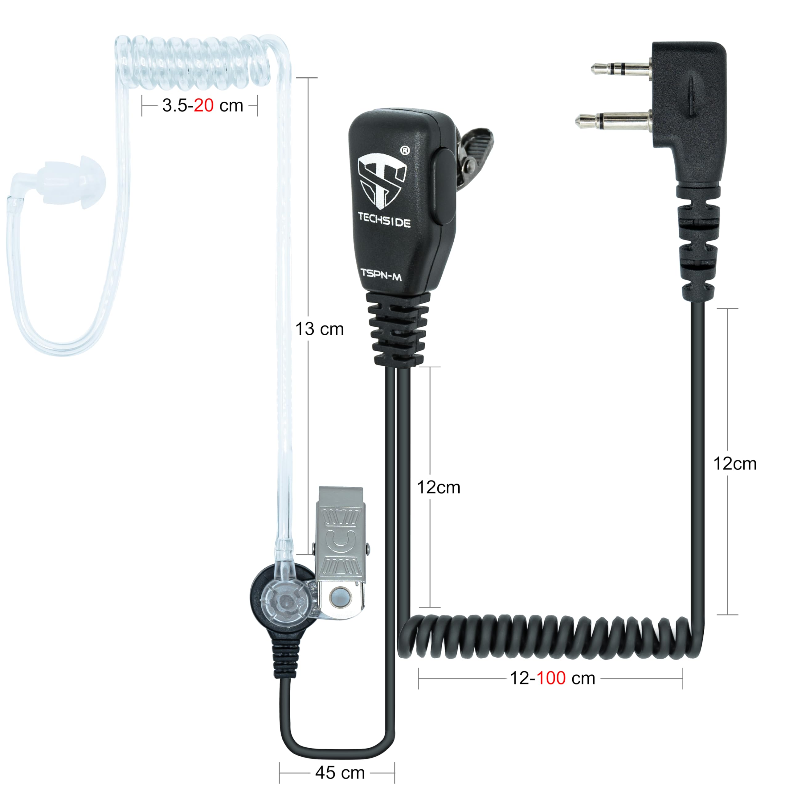 TechSide Microfono Auricolare Pneumatico Trasparente a 2 pin Midland | Per Radio ricetrasmittenti | Compatibile con G7 pro G8 G9 pro M24 M24 plus M48 M99 G6 XT G7 XTR | Vigilanza Sicurezza SoftAir