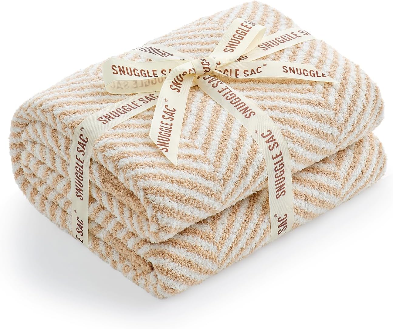 Snuggle Sac Herringbone Throw Blanket for Couch, Reversible Super Soft Warm Blankets Cozy Knit Fuzzy Plush Lightweight Throws for Sofa, Bed, Camping, Beige, 50x60 inches