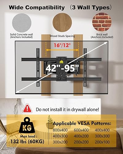Miniatura 4 de FORGING MOUNT Soporte de pared para TV de movimiento completo con tomas de corriente para pantallas de 42 a 90 pulgadas, soporte de TV premontado,