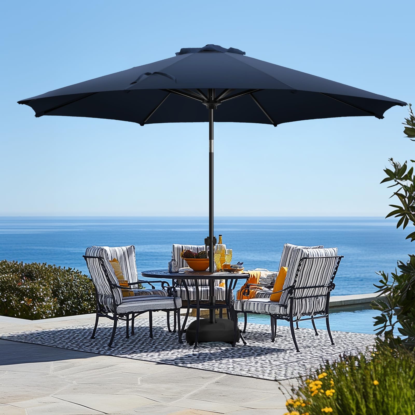 wikiwiki 10FT Patio Umbrellas with Base Included, Outdoor Umbrella with Sandbag Base, Fade-Resistant, Waterproof Polyester DTY Umbrellas with 8 Sturdy Ribs for Garden, Lawn, Deck, Backyard and Pool,Navy Blue
