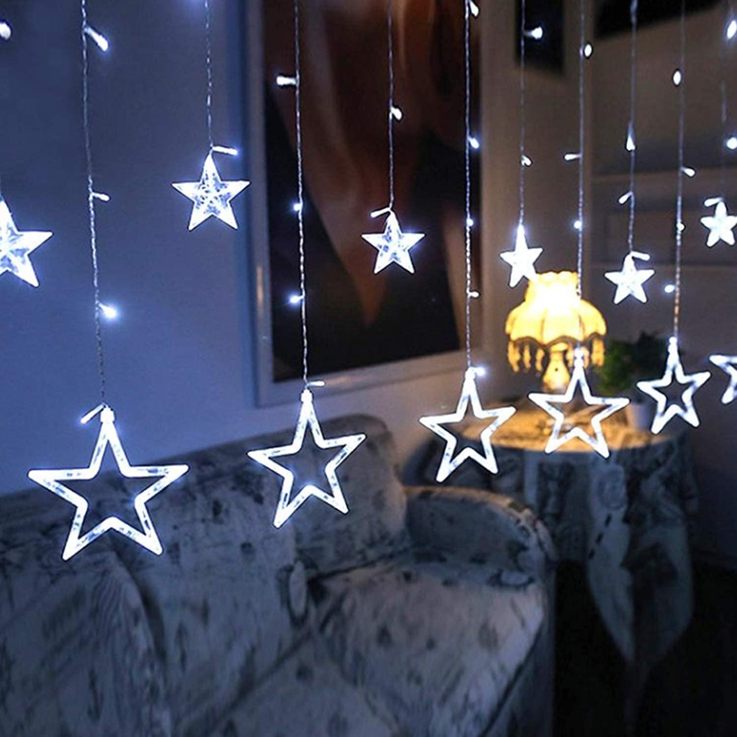 Luces de cortina de Navidad con 12 estrellas, 138 LED, cadena de luces de estrella funciona con pilas, luces LED de ventana para Navidad, boda, fiesta, color blanco