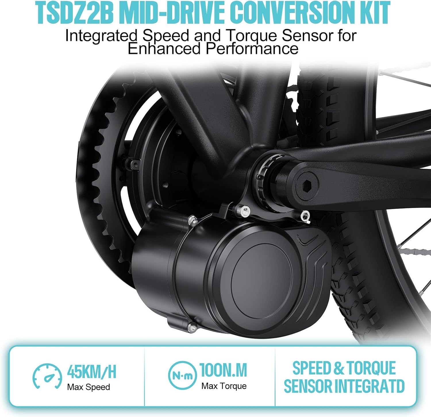 Close-up of the TSDZ2B mid-drive motor installed on a bike, highlighting its integrated speed and torque sensor for enhanced performance.