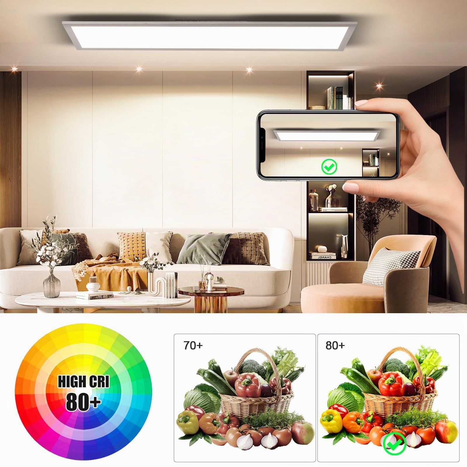 OTREN Panneau LED Ultra Plat 120x30cm, 40W Plafoniera LED Soffitto Dimmable avec Télécommande Luminaire Plafonnier Rectangulaire pour Bureau Salon Chambre Cuisine, 2800K-6000K