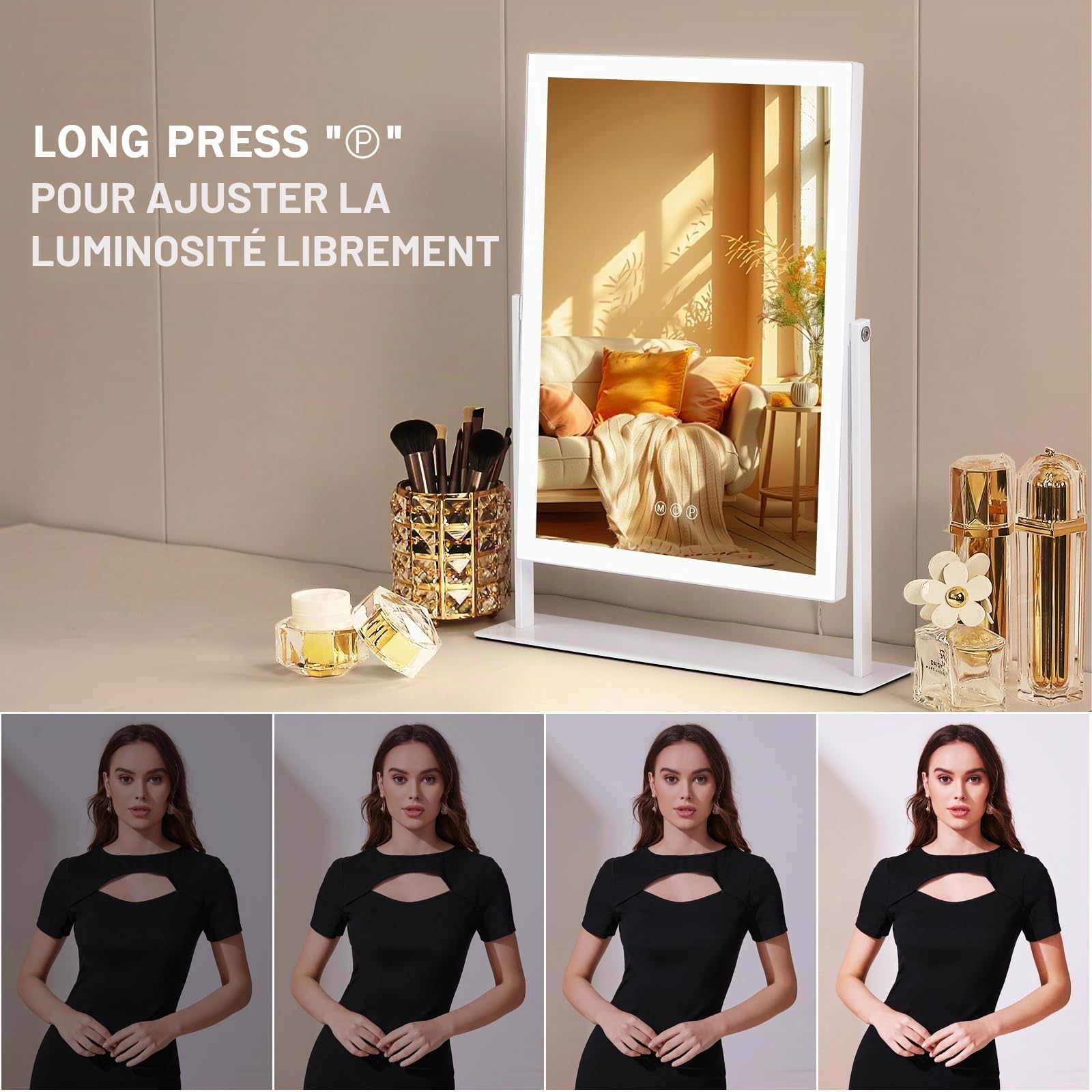 FENCHILIN Hollywood - Miroir de Maquillage à 3 Couleurs, réglable, avec éclairage, contrôle Smart Touch, avec éclairage, Rotation à 360°, 10 grossissements, 30 x 41 cm