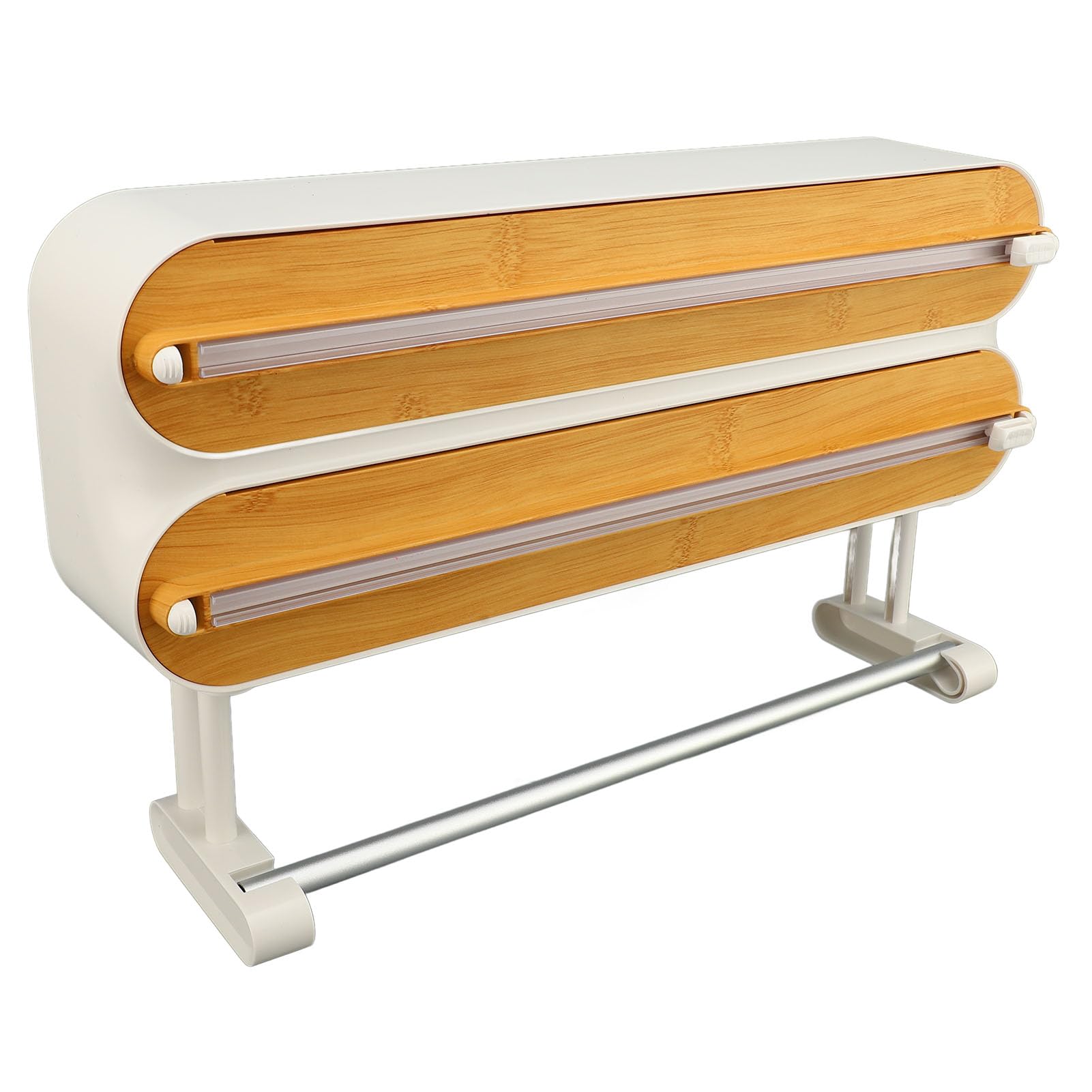Dispensador de Film Transparente, Organizador 3 en 1 Ajustable para Pared con Acabado Innovador de Veta de Madera para Papel de Aluminio, Papel Encerado y Film Adhesivo,