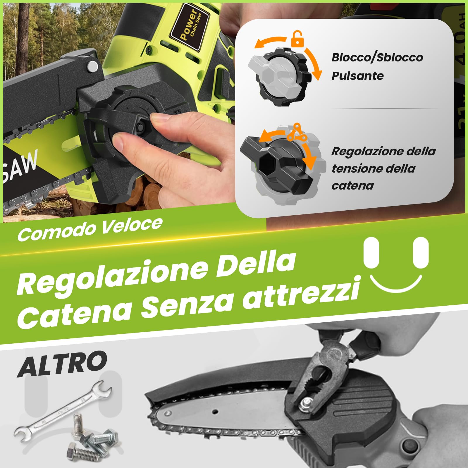 Mini Motosega a Batteria 6/8 Pollici, 1300W Brushless Motosega Elettrica con 8000mAh Batterie, Sega a Batteria per Potatura Pompetta Olio per il Taglio Del Legno e Giardini, Compatibile con Makita
