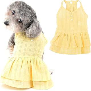 Ranphy Dog Dress for Small Dog Girls Solid Pet Tiered Skirts with Pearls Puppy Spring Summer Outfits Chihuahua Yorkie Cats Apparel, Yellow, L