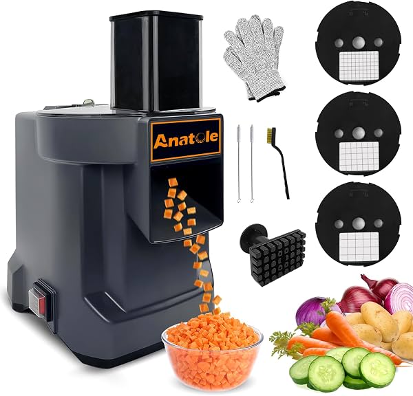 Procesador de Alimentos Eléctrico Anatole para Cortar en Cubos, Comercial, con 3 Cuchillas | Cortador de Alimentos de Uso Pesado, Cuchillas de Acero Inoxidable, con Utensilios de Limpieza, para Frutas, Papas, Cebollas, Zanahorias, para Hogar y Restaurante, 100W 110V