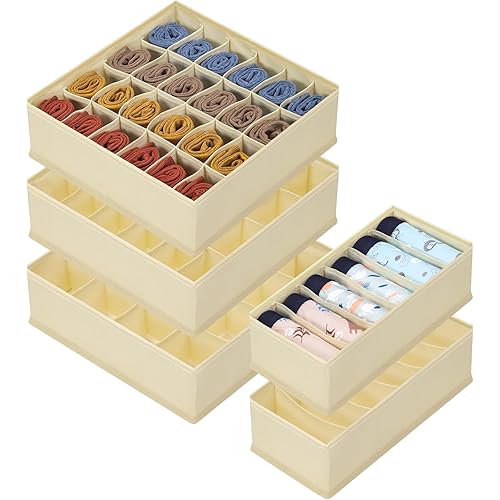 5 Pack Sock Underwear Organizer Drawer Dividers, Foldable Fabric Dresser Closet Organizers Box, Bedroom Cabinet Organization and Storage Bins for Baby Clothes, Undies, Handkerchiefs, Ties - Beige