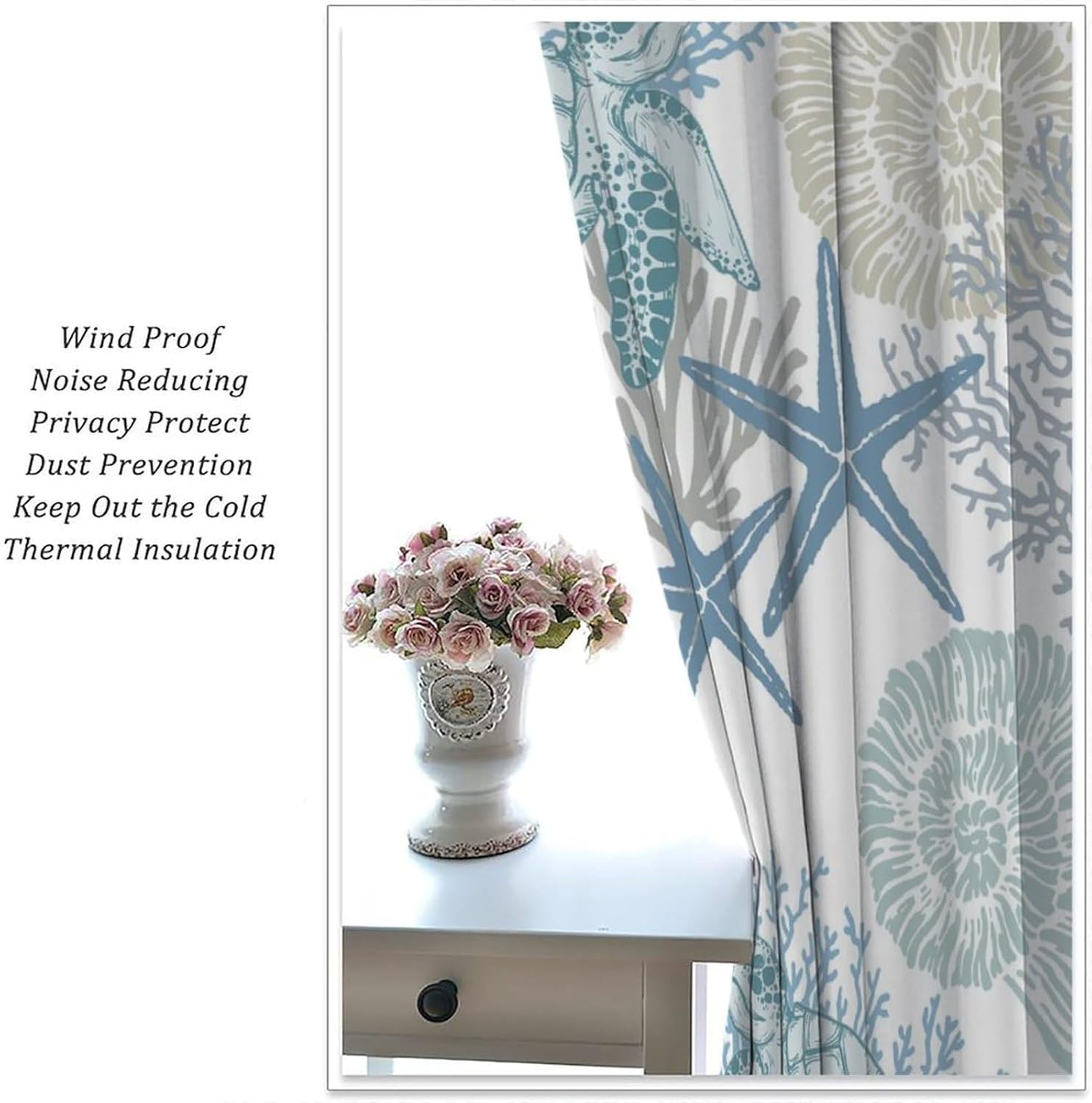 Sea Turtle Curtains Nautical Ocean Coral Starfish Seashell Pattern Blackout Print Rod Pocket Window Drapes for Bedroom Living Room 42x54in