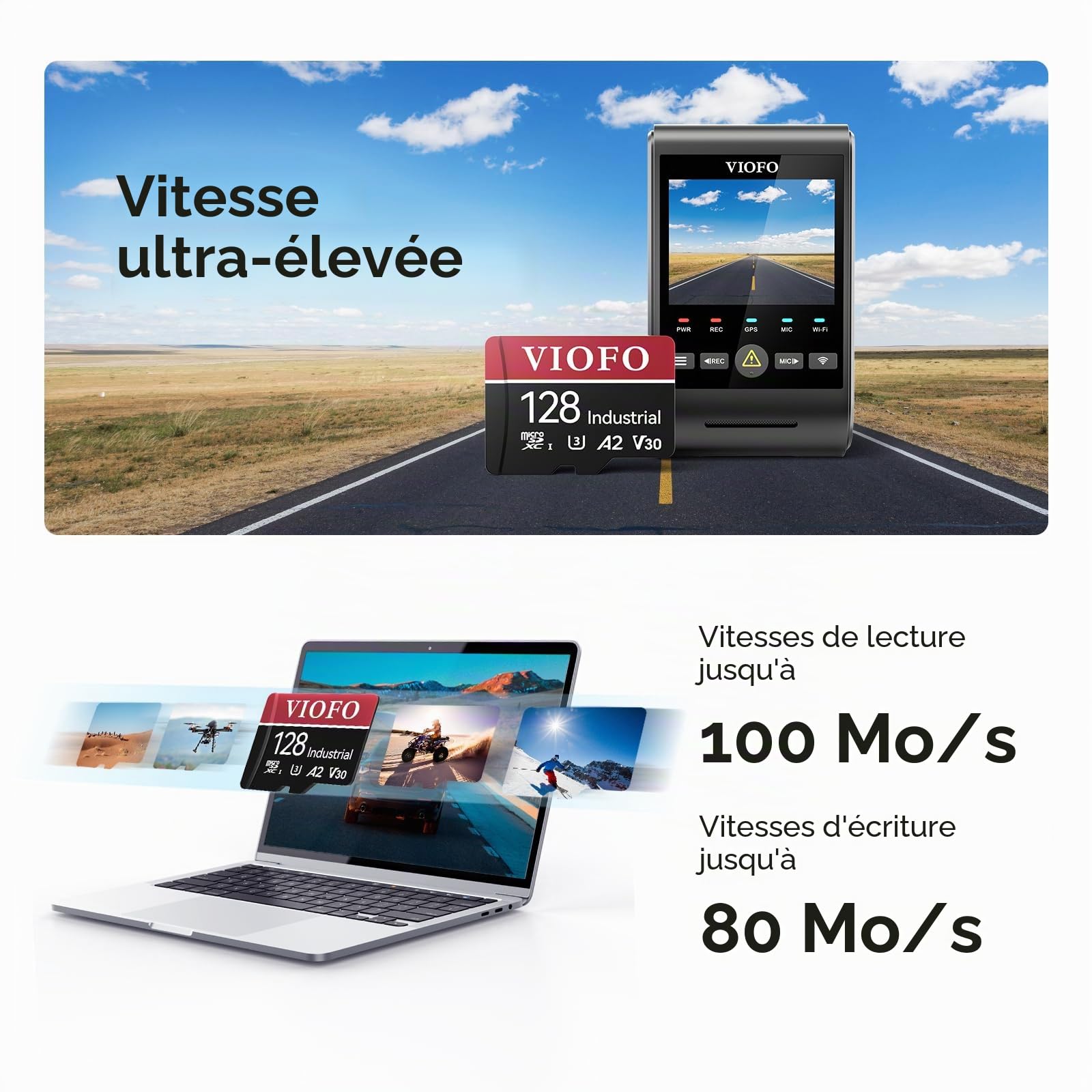 VIOFO 128GB microSD U3 Haute Vitesse avec Adaptateur, Support 4K Ultra HD | carte mémoire 128GB microSD U3 haute vitesse, adaptateur inclus, supporte enregistrement vidéo 4K Ultra HD