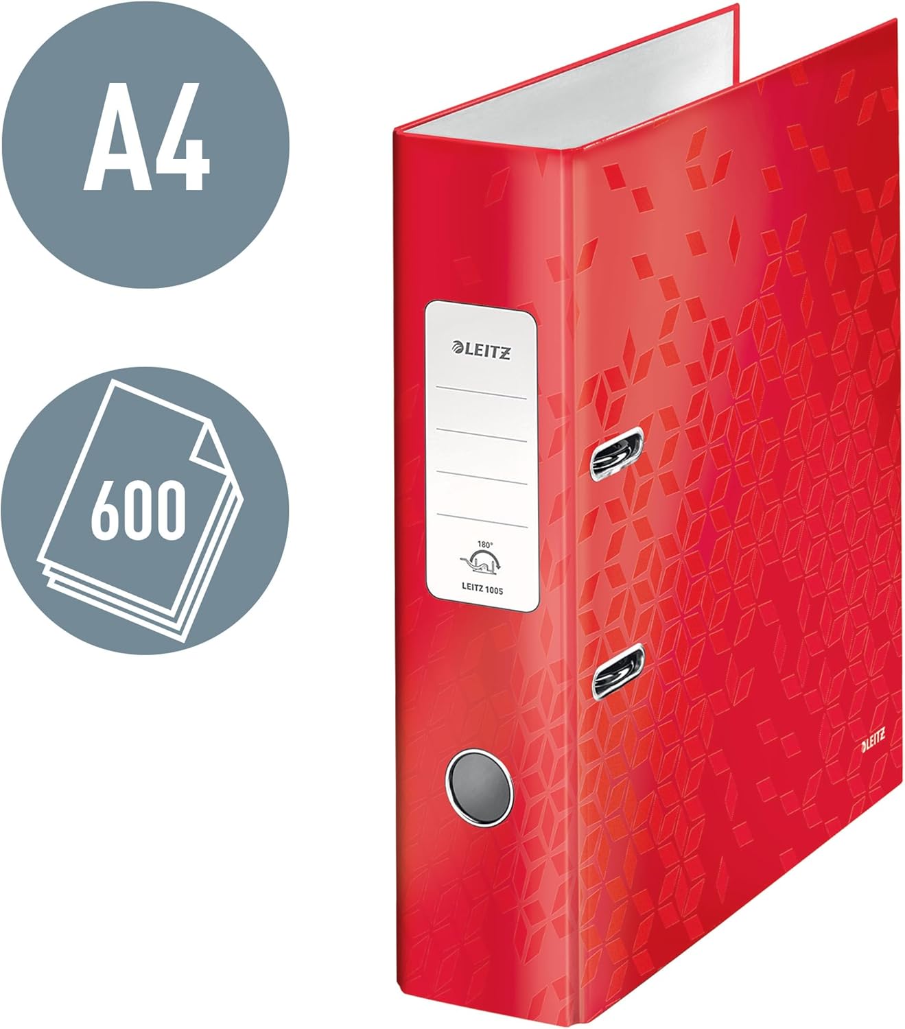 Leitz Wow 180° Lever Arch File, Red Lever Arch File, A4 Folder, 80 mm Spine Width, 10050026