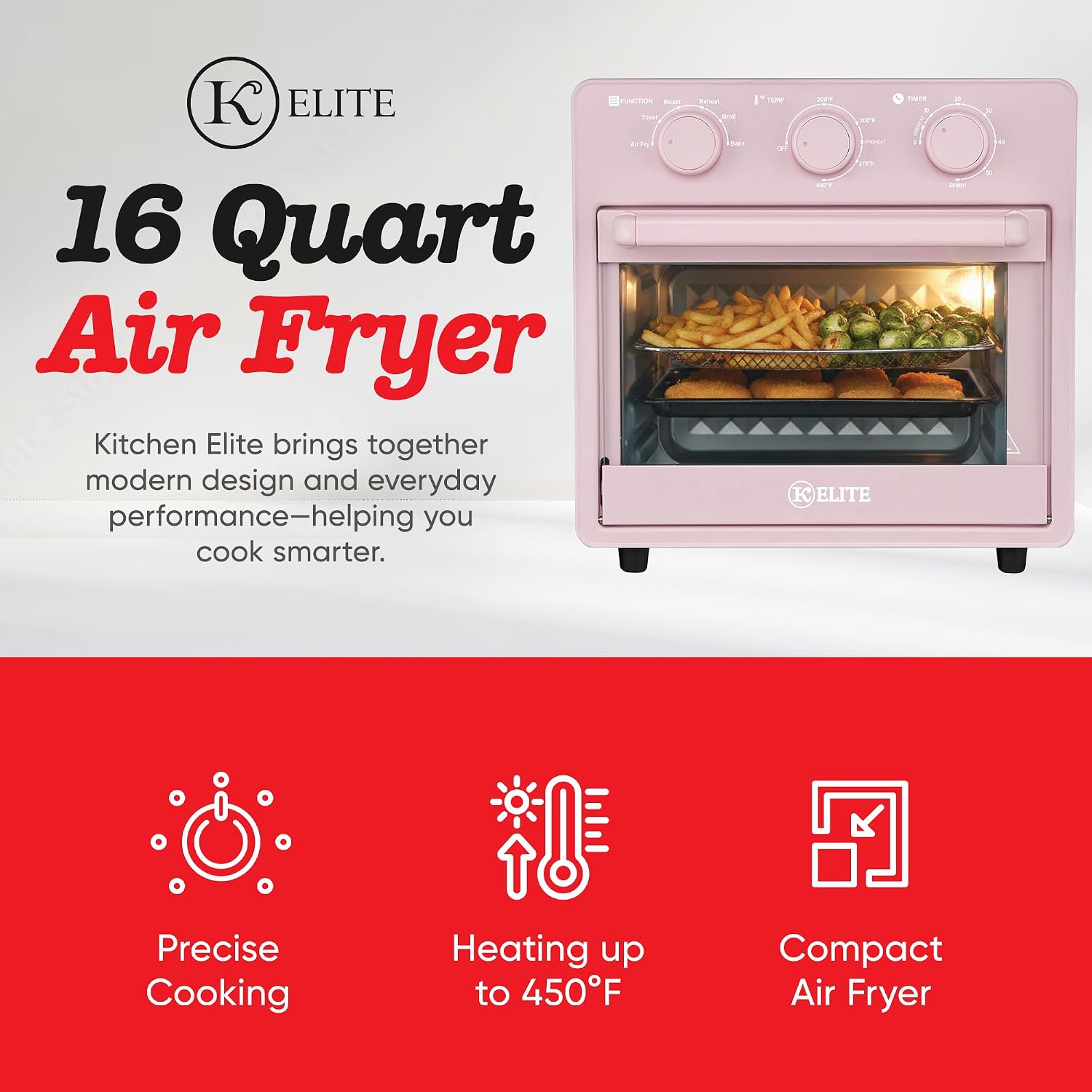 Kitchen Elite Mechanical Air Fryer Oven with Viewing Window, 16 Qt, Pink