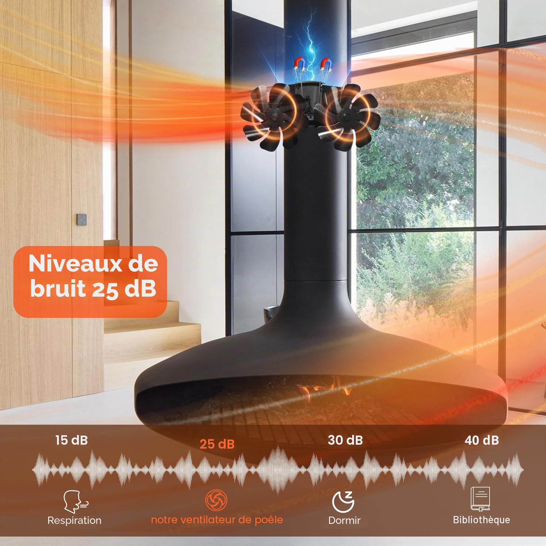 Tomersun Ventilateur de cheminée magnétique, sans électricité, avec 16 pales, ventilateur de cheminée silencieux, pour bois, bois de chauffage, foyer, tuyau de poêle avec thermomètre et 1 pièce
